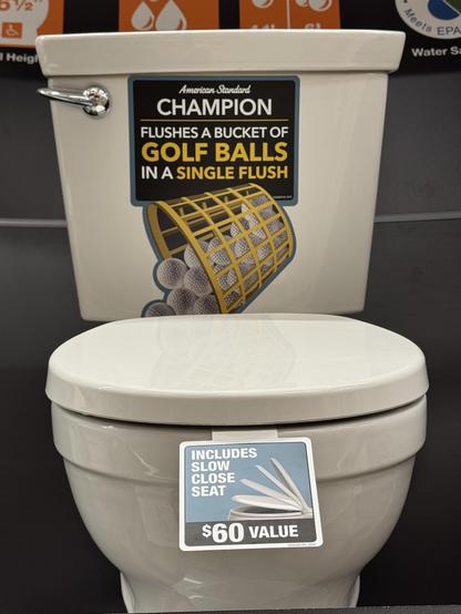A toilet at a Home Depot with a sticker labelled 
“FLUSHES A BUCKET OF GOLF BALLS
IN A SINGLE FLUSH”