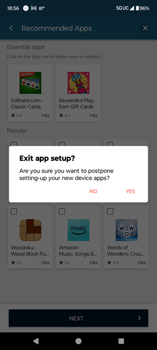Exit app setup?

Are you sure you want to postpone
setting-up your new device apps?

(no, I don't want to "postpone" it)