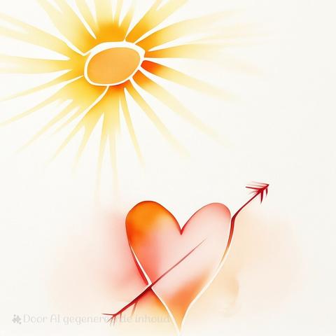 AI Alt text: A vibrant, stylized illustration featuring a radiant sun in the upper left corner. The sun is depicted with striking yellow and orange hues, emanating elongated rays that stretch outward, giving a sense of warmth and energy. Below, a heart-shaped figure in deep shades of red and orange takes center stage, glowing with intensity. The heart is pierced diagonally by a bold arrow, with a sharp, pointed tip and feathered end, evoking themes of love, passion, and romance. The background is softly blended, creating a delicate gradient effect that enhances the dreamy atmosphere of the scene. In the bottom left corner, a small, unobtrusive text reads "Door AI gegenereerde inhoud," subtly indicating that the image was created using artificial intelligence.