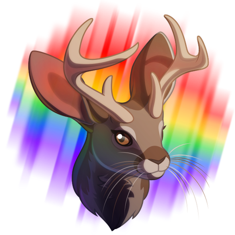 A vector portrait of a jackalope with an aurora-like rainbow halo behind them