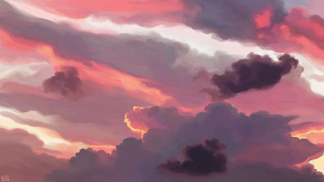 Digital painting of a sunrise sky, filled with all kinds of clouds of different shapes and sizes. They are purple and bright pink where the light hits them, with touches of yellow. It is a messy sky.