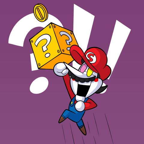 Spamton dresses up as Mario hitting a Question Block that gives him coins.