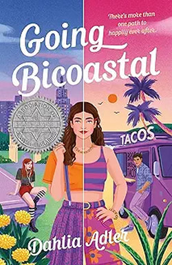 Book cover for "Going Bicoastal" by Dahlia Adler. The cover is split in half horizontally, with a brown-haired young white woman standing at the center. Her crop top is orange on the left, and blue-and-purple striped on the right. Her skirt is purple print on the left, pink with yellow flowers on the right.

The left side shows a New York skyline at night. A red-haired young woman is sitting in the background, in a black shirt, red shorts, and boots. She has earbuds in.

The right side shows a beach at sunset, with palm trees. A dark-haired young man leans against a purple food truck with the logo "Bros Over Tacos." He wears a blue print shirt and jeans.

Blurb: "There's more than one path to happily ever after."

Under the title is a silver medallion with a Star of David, from the Association of Jewish Libraries.