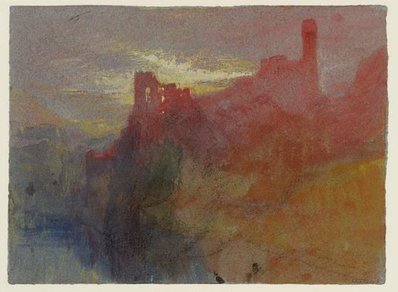 In a really wet watercolor style, a ruined red castle sits on a cliff with some green indicating some trees, a brown and yellow and orange hillside, and reflected as shadows in a blue lake or river.  behind the ruins the sun is breaking through the clouds