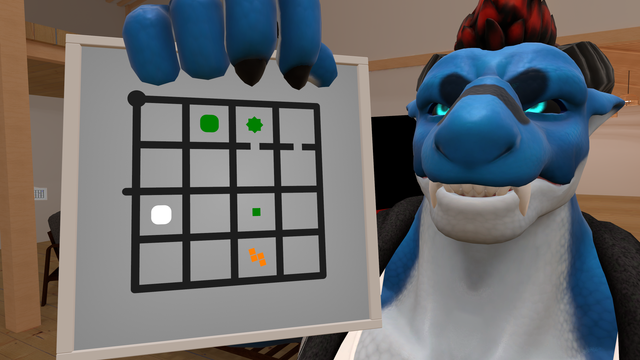 VRChat: Selfie. A blue dragon angrily holds up to the camera with one hand a panel containing a grid-shaped line-drawing puzzle (from the game The Witness).