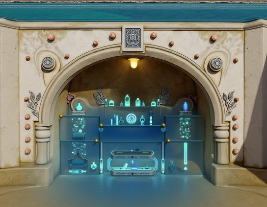 A beautifully crafted archway surrounds shelves filled with night lights made of glowing, ornate bottles and magical objects, emitting soft, blue luminescence.