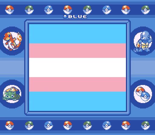 a screenshot of pokemon blue running on a super gameboy, the regular pokemon blue super gameboy border is shown, but inside the border is a trans flag