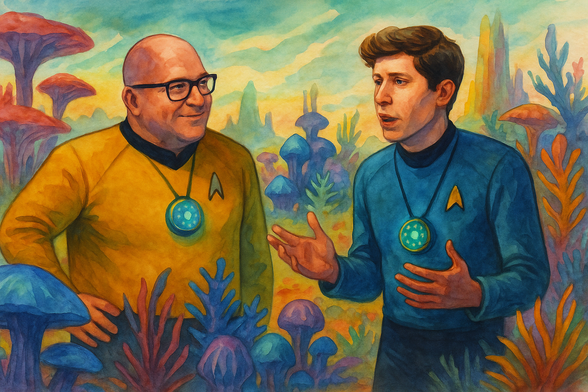Watercolor painting of two men in 1960s-style sci-fi uniforms standing on an alien world with colorful plants; each wears a glowing AI pendant around their neck.
