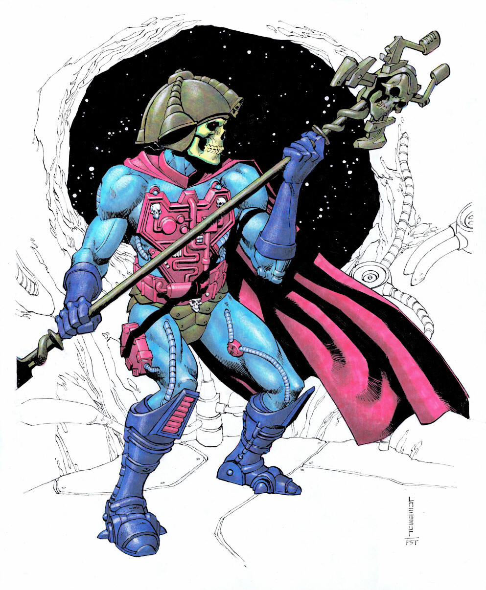 A colored drawing of Skeletor, the main antagonist from the Masters of The Universe action figure and cartoon franchise. He's drawn here as he was redesigned for the late '80s franchise reboot, The New Adventures of He-Man.