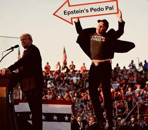 A picture of Elon Musk jumping for joy at one of Trump's rallys. Here he is depicted holding a sign that points to Donald and says, "Epstein's Pedo Pal."
