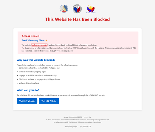 Full-page screenshot of DICT's blocked website notice