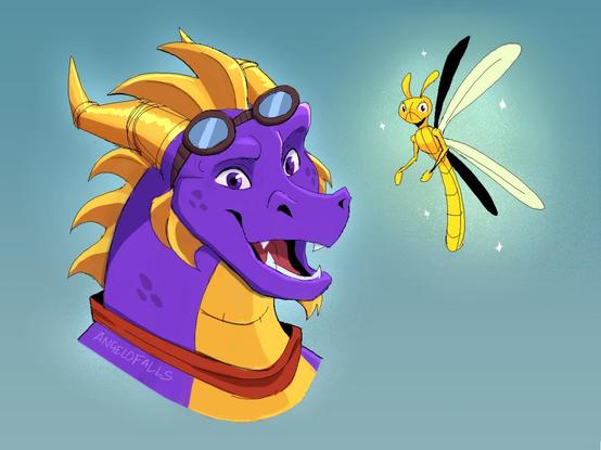 A bust drawing of a male anthropomorphic purple dragon with golden spine crests and horns. Wearing eye goggles over his head and a red neck handkerchief, smiling at the viewer. Next to him is a bright golden colored male dragonfly.