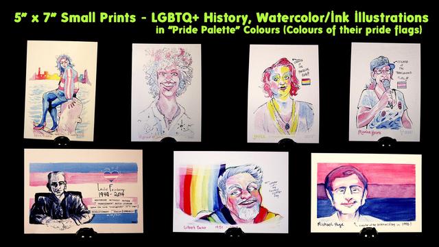 multiple LGBTQ+ historical figures in pride palette colour schemes painted using watercolor, made into small 5x7" prints