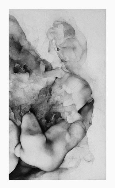 A monochromatic, abstract anatomical drawing depicting softened, partially erased human forms in a clouded, textured field. The figures are distorted and fused, with limbs and torsos barely distinguishable from the surrounding misty charcoal-like shading. The composition appears both dissolving and emerging, as if caught mid-transition between formation and decay.