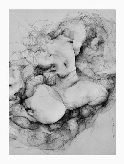 An abstract, anatomical llustration showing a loose cluster of distorted human forms—faces, torsos, and limbs—entangled in a web of fine, chaotic lines. The figures are ghostly and incomplete, partially obscured by swirling filaments that resemble strands of hair. The overall effect is airy, weightless, and ambiguous, evoking both embryonic development and psychological fragmentation.