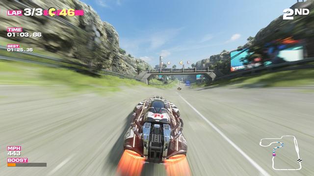 Racing game screenshot. A futuristic hover car speeds down the road.