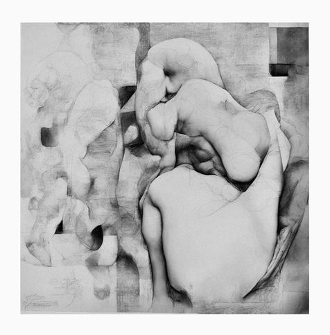 A monochrome abstract sketch presenting an anatomical erosion study. It features a cluster of human figures rendered in varying degrees of detail, with some parts sharply defined and others faded or ghostly thin. The figures are interwoven and overlapping, depicting a sense of anatomical transformation. The background consists of lightly rendered geometric forms, with elements that seem to be both architectural and skeletal in nature.