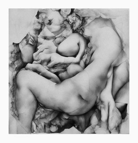 Monochrome drawing featuring intertwining human figures in various poses. The anatomical study renders flesh with soft shadows and subtle outlines, creating an ethereal or dreamlike quality. Details include torsos, limbs, and facial features blending together, giving the impression of layered forms.