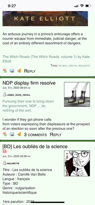 Screenshot of my "reading" list on Dreamwidth as seen on Safari on my phone. Nice and compact and pleasantly legible, without all the acres of wasted space you normally get this way.