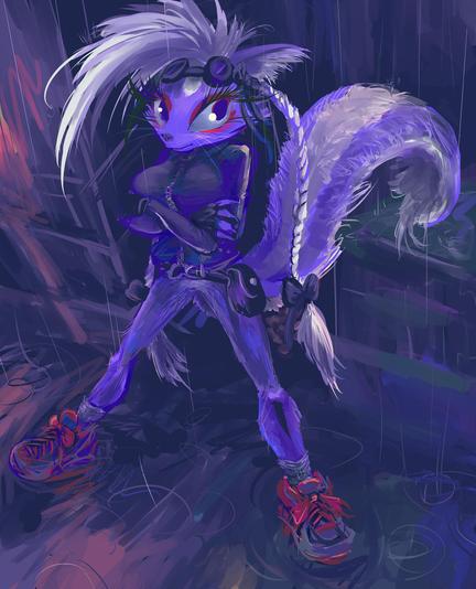 purple and white furred vaguely skunk-like anthropomorphic creature wearing a dark jacket and red shoes, and also forehead goggles, standing somewhat aggressively with arms folded, amidst a vague rainy city environment