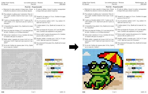 Fiche d'exercices de type pixel art la grille non coloriée avec les exercices sur la proportionnalité et à gauche. La grille colorier avec les mêmes exercices étape droite avec une flèche noire vers la droite entre les deux.