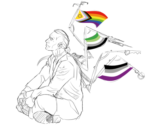Scribble of Fabius Bile sitting on the ground, crosslegged. He's wearing a lab coat, his bodyblove and short boots. on his Chirurgeon the progressive pride, the aromantic and the asexual flag are hung.