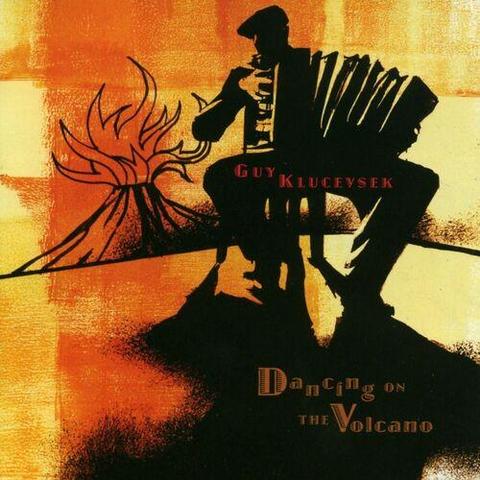 Cover art to Guy Klucevsek's 2009 Tzadik album of avant-garde jazz Dancing on the Volcano, showing him sitting on a chair, playing his piano accordion in deep shadow while far behind him a volcano erupts flames into the sky, all cartoonishly exaggerated.