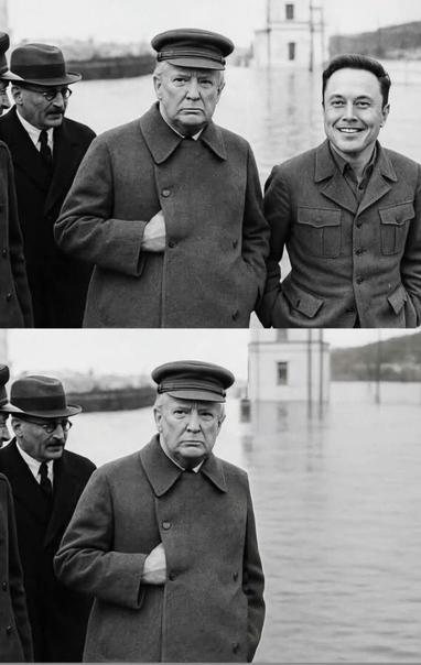 2 pictures in one: Both are black and white. 
First shows Trump and Musk.
Second is the same as the first one but Musk has disappeared.