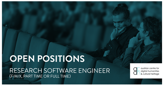 Text on image: "Open position, Research Software Engineer (F/M/X, part time or full time)". In the background there's a photograph of two colleagues sitting behind an empty row of seats and visibly thinking.