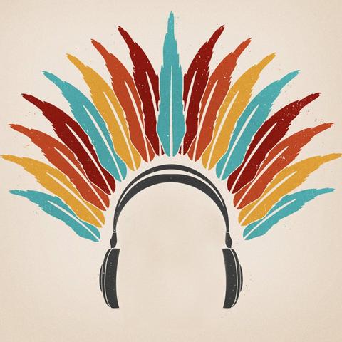 The cover art is a minimal screenprint of an Indigenous headdress of multi-coloured feathers (each feather in blue, yellow, orange, or red, with that order repeating) with a set of over-ear headphones where the headband would be, against a cream-coloured background. There are no words on the cover.