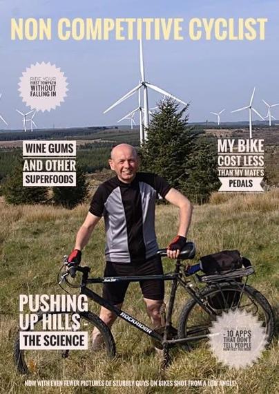 Fake Zeitschriftencover von Non Competitive Cyclist, darauf ist ein Mann mit Fahrrad im Hintergrund Windräder und Überschriften:
wine gums and other superfoods
My bike cost less than my mate's pedals
Pushing up hills - the science