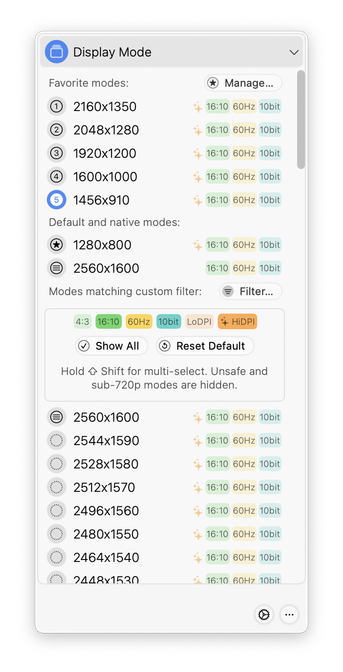 A screenshot of the BetterDisplay Menu Bar widget, showing the available Display Mode resolutions available on a MacBook Air M1.