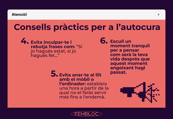 Gráfica de color rosa y blanco, que presenta Consejos prácticos de autocuidado (segunda parte): 4. Evita inculparte y desecha frases como: “Si yo hubiese sido, si yo hubiese hecho…” 5. Evita irte a la cama con el móvil, el PC; establece una hora a partir de la cual no lo usarás más hasta el día siguiente. 6. Escoge un momento tranquilo para pensar en cómo será tu vida una vez que el evento que ahora te estresa, haya terminado.