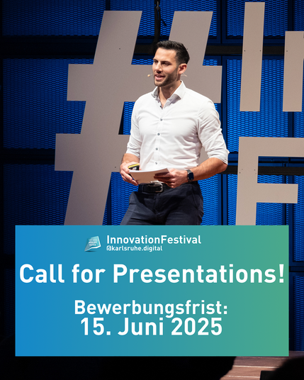 Thilo Richter von der aicorn GmbH bei seinem Pitch auf der Bühne im ZKM Karlsruhe während des nnovationFestival @ karlsruhe.digital 2023. Dazu der Aufruf "Call for Presentations! Bewerbungsfrist: 15. Juni 2025