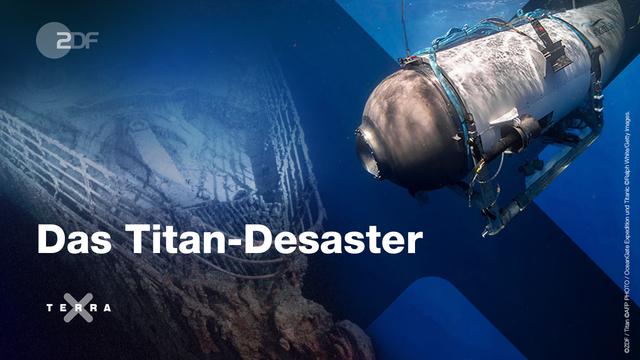 Das Tauchboot Titan im Vordergrund und im Hintergrund sieht man das Bug der Titanic.