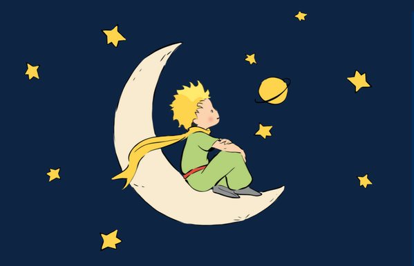Vêtu d’une chemise et d’un pantalon verts, le petit prince est assis sur un croissant de la Lune. Son écharpe jaune vole au vent derrière lui.
On le voit de profil (son profil droit).
Il regarde les planètes et les étoiles jaunes qui se détachent sur le ciel bleu nuit.