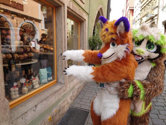 Fursuiter Gustl Flummox tries to pull Fox Flummox away from a shop display with Schneeballen (snow balls, a baked local speciality from the town of Rothenburg ob der Tauber)