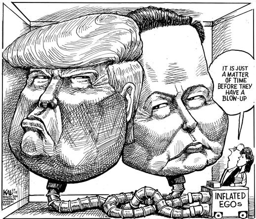 Wenn Narzissmus auf Narzissmus trifft, ist der nächste Knall keine Frage des Ob, sondern des Wann.

Die Karikatur zeigt überdimensionale, aufgeblasene Köpfe zweier prominenter Männer – Donald Trump und ein weiterer Politiker mit ähnlich aufgeblähtem Ego. Beide wirken steif, selbstgefällig und stehen Kopf an Kopf in einem engen Raum, als stünden sie kurz vor der Explosion. Unten führt ein Schlauchsystem in eine Box mit der Aufschrift „INFLATED EGOs“ (Aufgeblasene Egos), daneben sitzt ein Beobachter mit dem Kommentar: „Es ist nur eine Frage der Zeit, bis sie explodieren.“ Das Bild karikiert den toxischen Narzissmus in der Politik: Wenn zwei Alpha-Egos kollidieren, ist Kooperation unmöglich – und Eskalation unausweichlich.

⸻

🖼 Image Description (English):
The cartoon depicts two oversized, inflated heads of prominent men—Donald Trump and another similarly ego-driven figure. Both appear smug and rigid, facing each other in a tight space, seemingly on the brink of bursting. Below them, a network of hoses leads to a box labeled “INFLATED EGOs,” next to a commentator saying, “It is just a matter of time before they have a blow-up.” The image satirizes toxic narcissism in politics: when two alpha egos clash, cooperation is impossible—and escalation is inevitable.
🖖