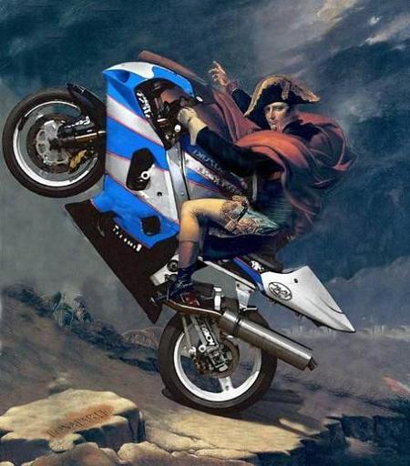 Napoleon crossing the Alps except he’s doing a wheelie on a sick sports bike
