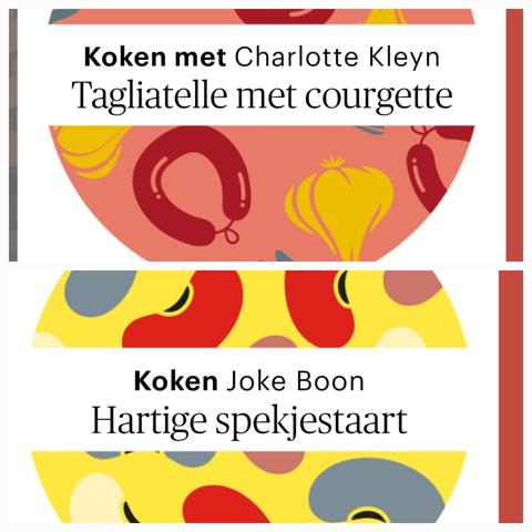 Collage van 2 plaatjes op dagblad Trouw. Een die leidt naar een recept voor Hartige spekjestaart en een die leidt naar Tagliatelle met courgette maar gek genoeg is een rookworst getekend in het plaatje.