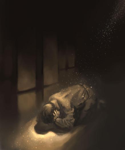 Digital painting of man lying prostate, hands over ears, a spotlight above him hitting dust motes