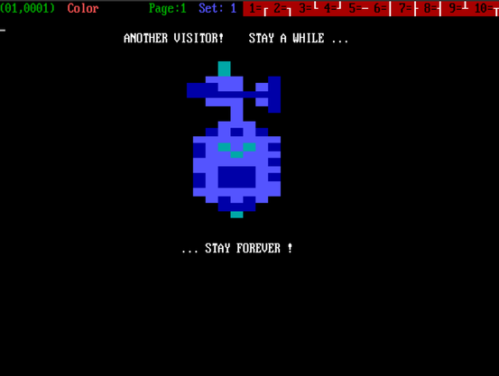 ANSI art of a blue and lightblue colored robot from the legendary Commodore 64 game "Impossible Mission" with the iconic introductionary sentence of the game written above and below the robot: "Another visitor! Stay a while... stay forever!"