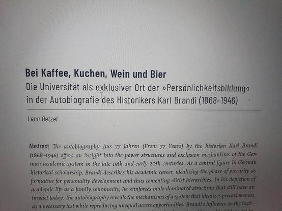 Erste Seite des Aufsatzes "Bei Kaffee, Kuchen, Wein und Bier. Die Universität als exklusiver Ort der "Persönlichkeitsbiödung" in der Autobiographie des Historikers Karl Brandi (1868-1946)"
