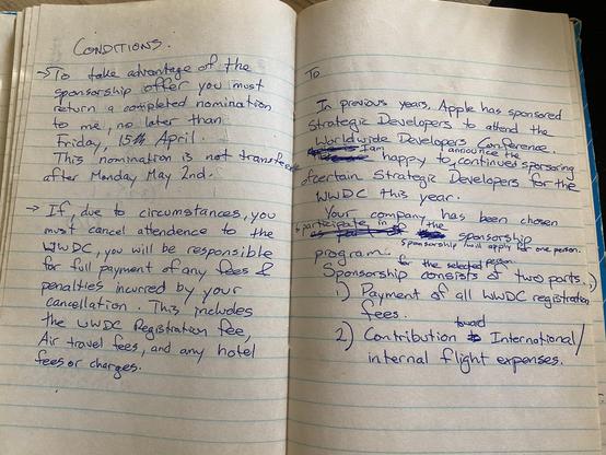 Handwritten draft of an AppleLink to be sent to prospective WWDC attendees.