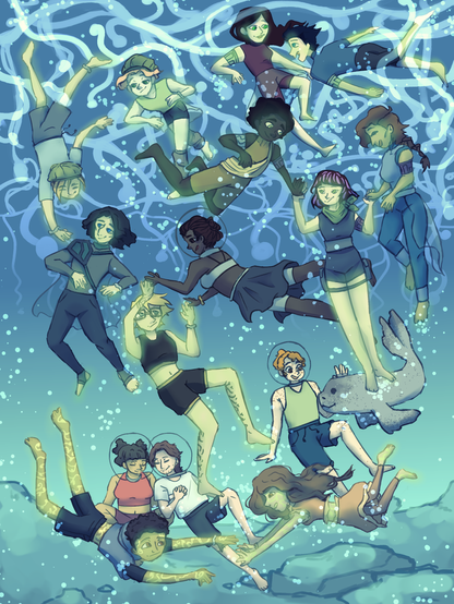 A drawing showing all the young people from Alea Aquarius underwater. At the top right are Alea and Lennox. Below them are siska, thea and isla holding hands. Below them, sammy is petting fussel. In the bottom of the image in the center are Yasin and Zuzana meeting in the middle. Above Yasin, Ben and Niki are holding ands and swimming together. In the very center of the image, Kit and Tess are swimming together and in the top left corner mio and Evelin are swimming towards Nexon.