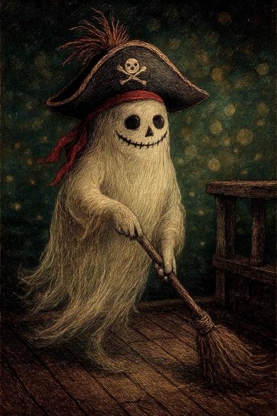 KI-Bild (GPT1 Medium):

Das kleine Schiffsgespenst, hier mit Piratenhütchen, hat schon heute Nacht mit der Grundreinigung der Schiffe begonnen. Statt zu spuken, hat es die Decks gefegt.