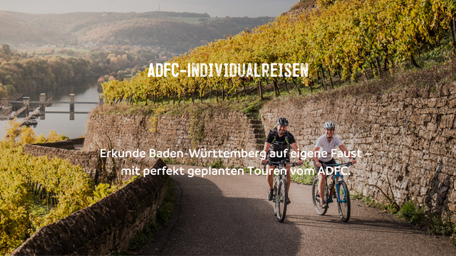 Zwei glückliche Radfahrende in den Weinbergen