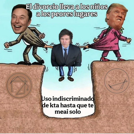 El divorcio lleva a los niños a los peores lugares. Y una ilustración pareja separandose con un niño en medio colgado en un precipicio. El Padre es Musk, la madre es Trump y el niño es Milei y en el fondo del precipicio dice: Uso indiscriminado de quetamina hasta meai solo
