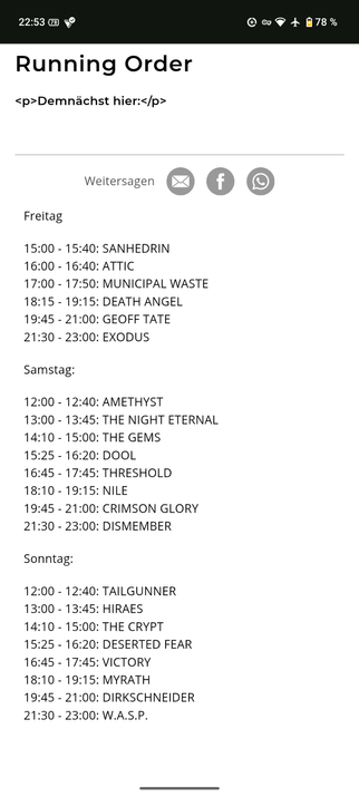 Liste aller Bands und ihre Auftrittszeiten.