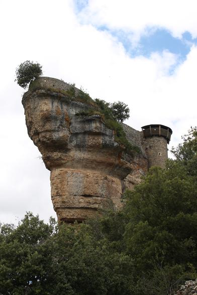 Un promontoire rocheux jailli d'une forêt, avec un vieux chateau bati au sommet.